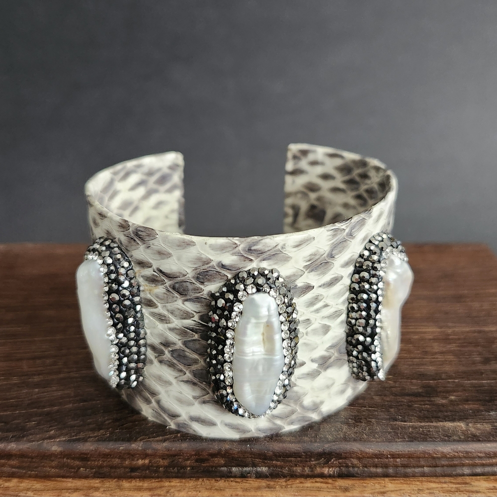 Genuine Snakeskin Cuff Bracelet w/ Large White Baroque Pearls & Rhinestones